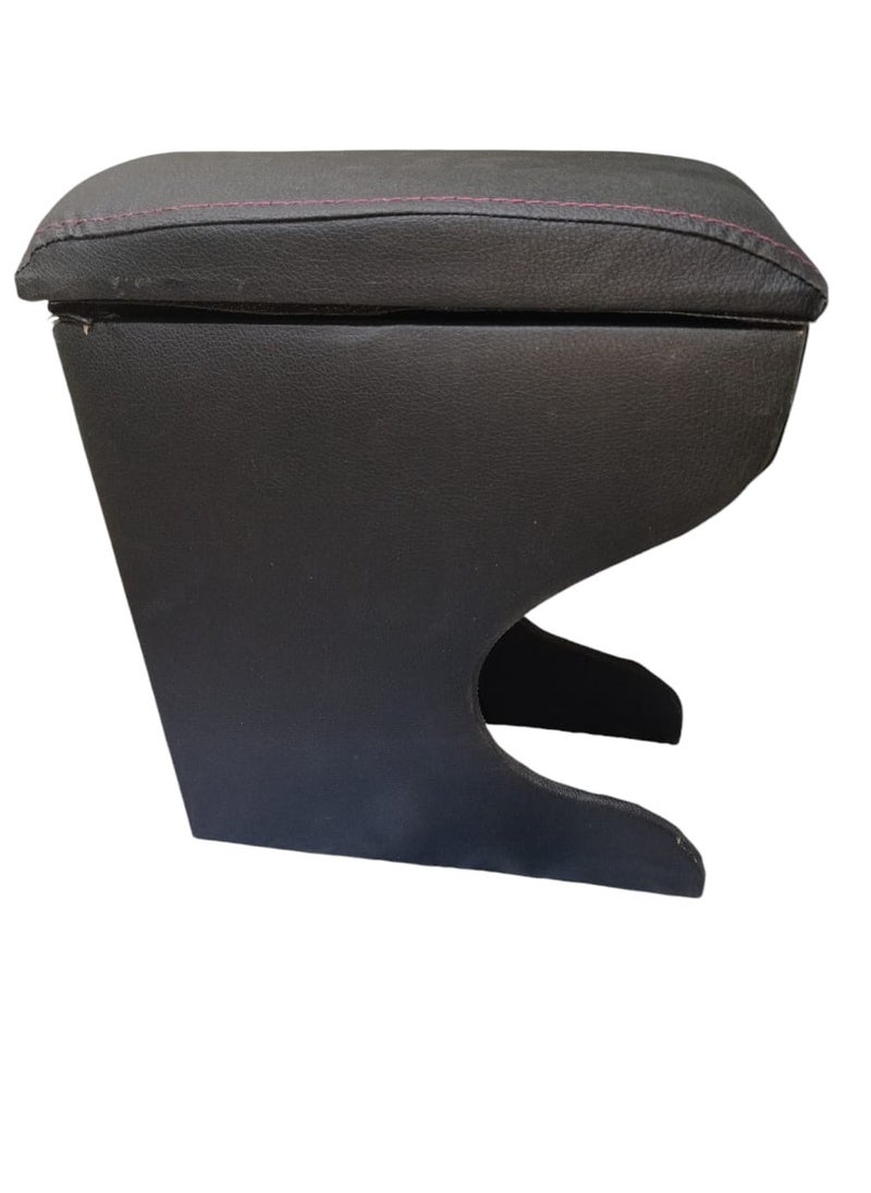 Car Armrest Unit with Leather and Plastic Storage Box with Armrest Pillow, Renault Logan, Black with Red Stitching