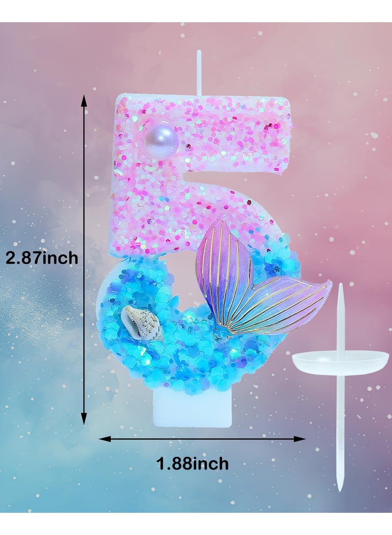 Birthday Candles, Number 5 Girls Glitter Birthday Party Supplies,Anniversary Party Decor,2.87 inch Cake Topper Decorations (Mermaid Themed, Number 5) - Image 2