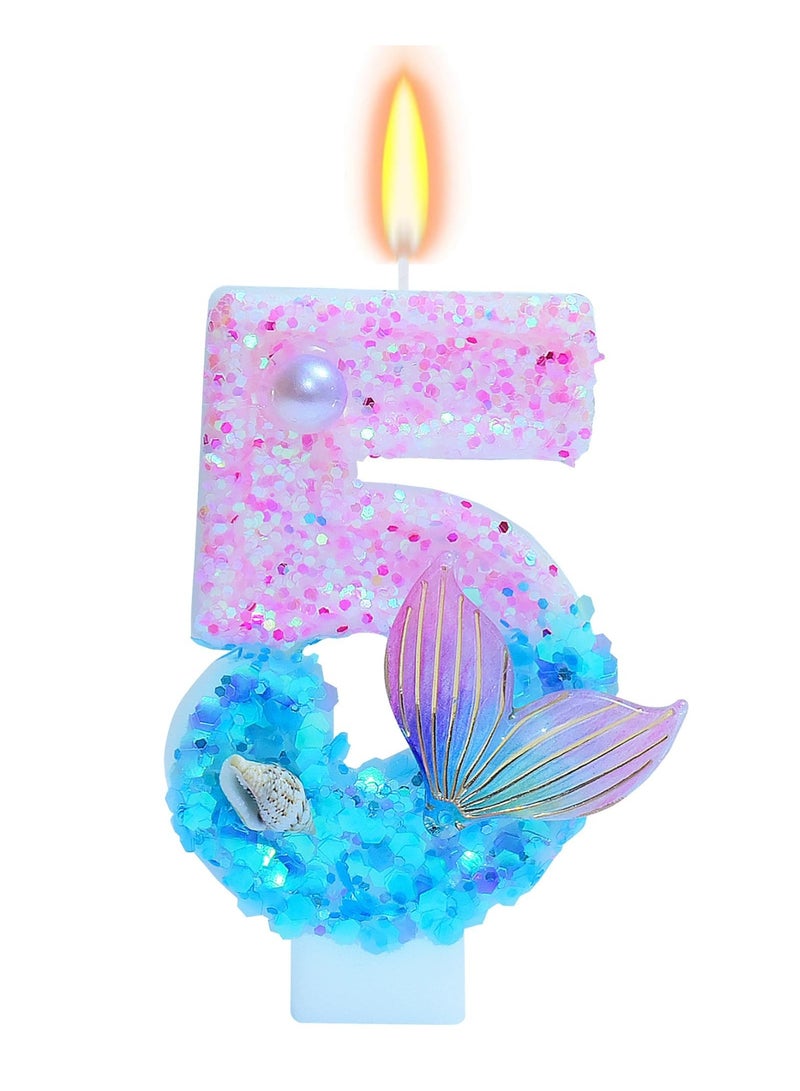 Birthday Candles, Number 5 Girls Glitter Birthday Party Supplies,Anniversary Party Decor,2.87 inch Cake Topper Decorations (Mermaid Themed, Number 5) - Image 1
