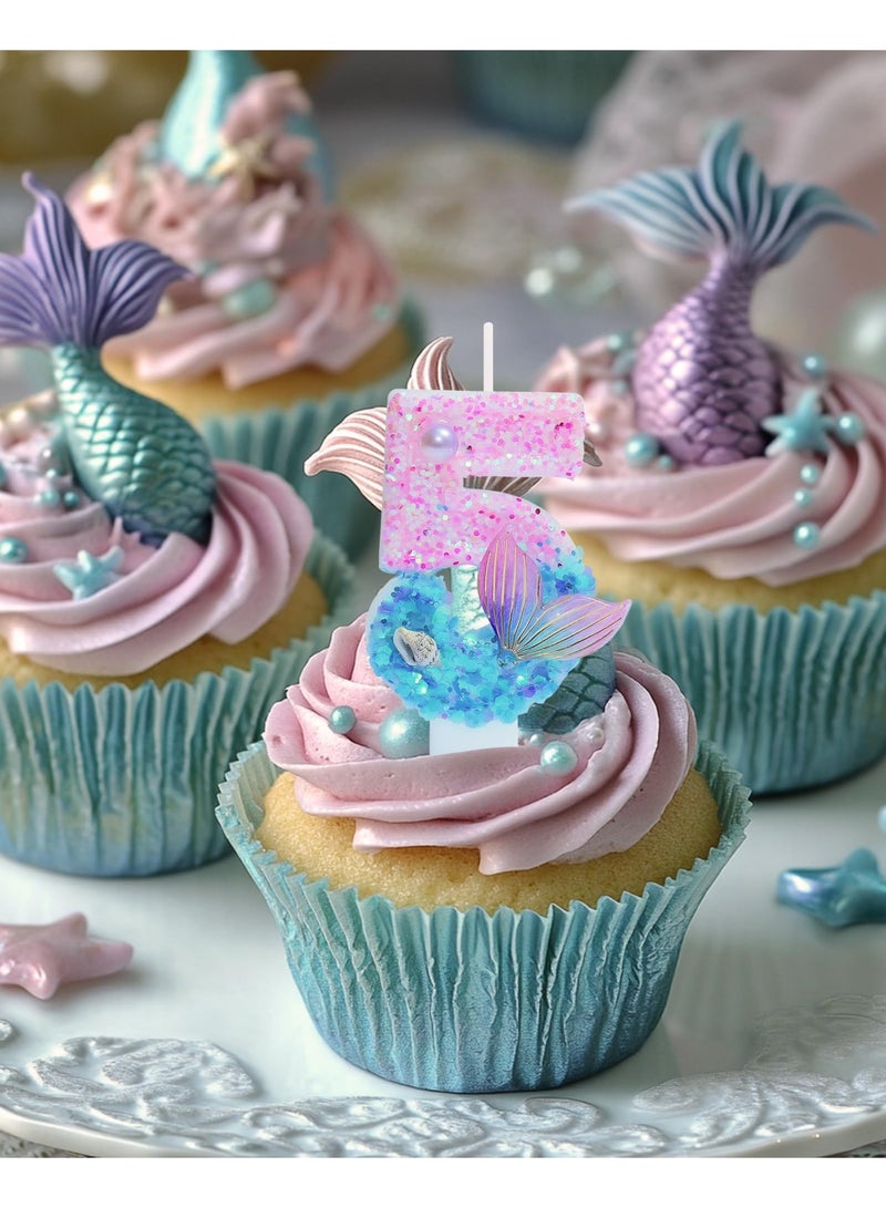 Birthday Candles, Number 5 Girls Glitter Birthday Party Supplies,Anniversary Party Decor,2.87 inch Cake Topper Decorations (Mermaid Themed, Number 5) - Image 4