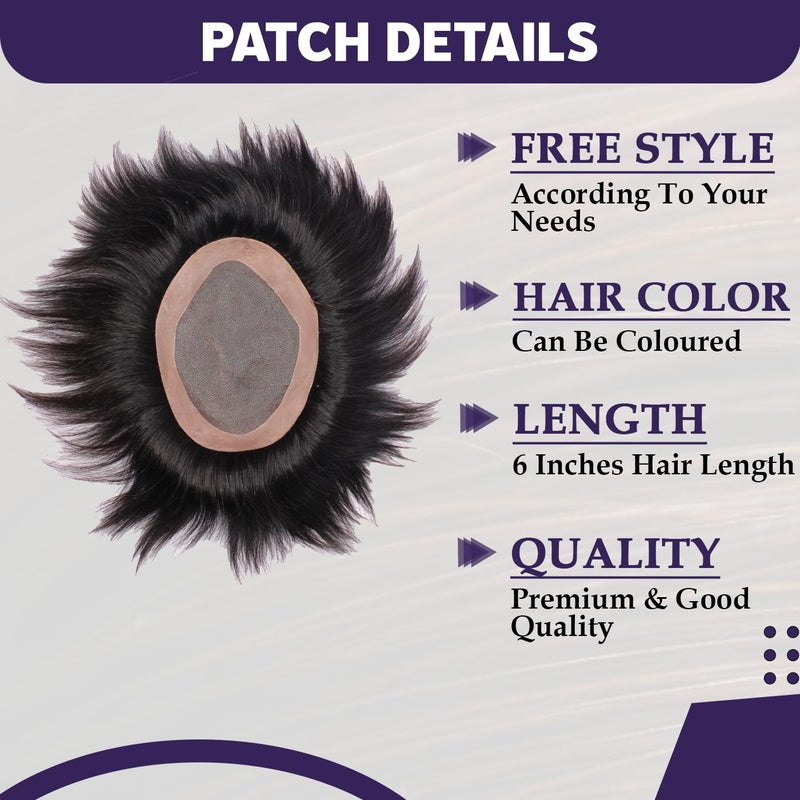 GLAN Human Hair Patch Toupee Wigs Hair Pieces Hair Replacement Systems For Men and Boys to Cover Up Baldness Area with Small Yellow Tape and Extension Clips Natural Black Brown Pack of 1 Monofilament Patch 97 - Image 3