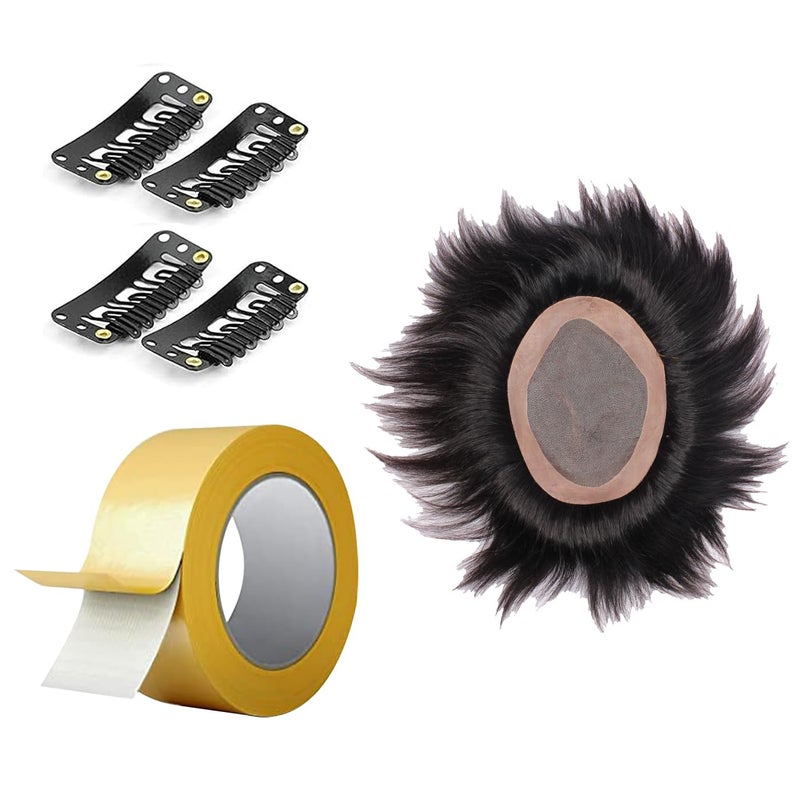 GLAN Human Hair Patch Toupee Wigs Hair Pieces Hair Replacement Systems For Men and Boys to Cover Up Baldness Area with Small Yellow Tape and Extension Clips Natural Black Brown Pack of 1 Monofilament Patch 97 - Image 1