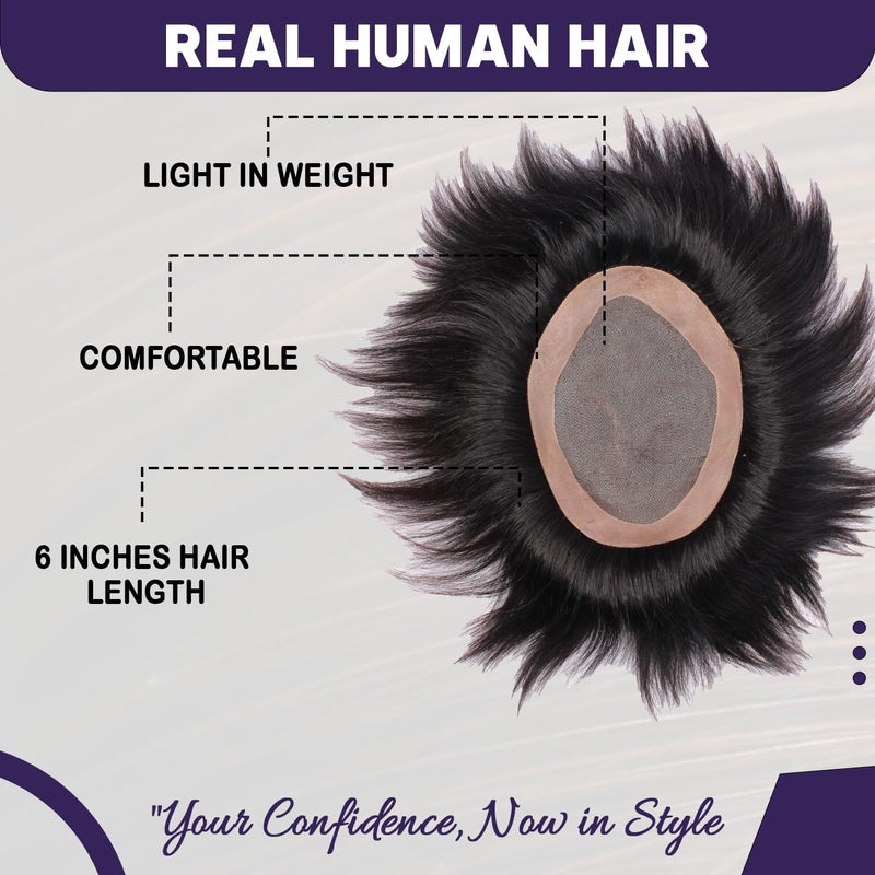 GLAN Human Hair Patch Toupee Wigs Hair Pieces Hair Replacement Systems For Men and Boys to Cover Up Baldness Area with Small Yellow Tape and Extension Clips Natural Black Brown Pack of 1 Monofilament Patch 97 - Image 4