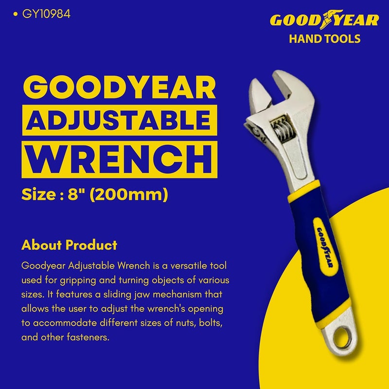 Good Year مفتاح ربط قابل للتعديل 8" (200 مم) مع مقبض مريح ثقيل الوزن (أصفر وأزرق) - فولاذ عالي الجودة مع تشطيب نيكل كروم - Image 2