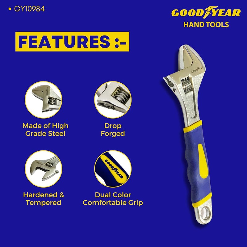 Good Year مفتاح ربط قابل للتعديل 8" (200 مم) مع مقبض مريح ثقيل الوزن (أصفر وأزرق) - فولاذ عالي الجودة مع تشطيب نيكل كروم - Image 3