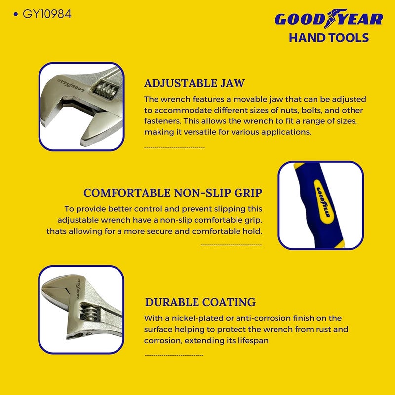 Good Year مفتاح ربط قابل للتعديل 8" (200 مم) مع مقبض مريح ثقيل الوزن (أصفر وأزرق) - فولاذ عالي الجودة مع تشطيب نيكل كروم - Image 4