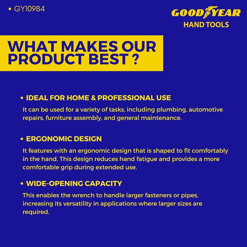 Good Year مفتاح ربط قابل للتعديل 8" (200 مم) مع مقبض مريح ثقيل الوزن (أصفر وأزرق) - فولاذ عالي الجودة مع تشطيب نيكل كروم - Image 5