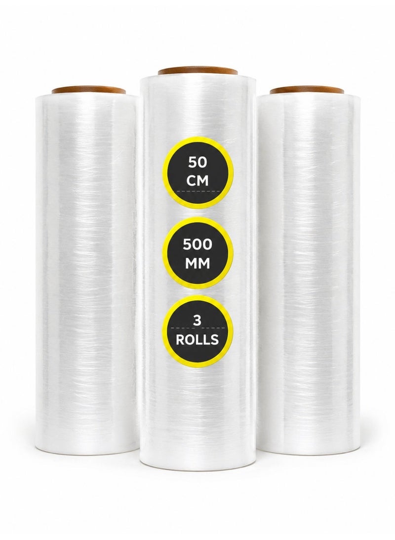 3 Rolls Clear Heavy Duty Stretch Film Wrap, 500mm Plastic Shrink Wrap for Pallet Packing - Image 1