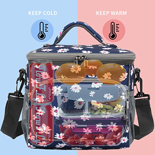 FlowFly Insulated Reusable Lunch Bag Adult Large Lunch Box for Women and Men with Adjustable Shoulder Strap,Front Zipper Pocket and Dual Large Mesh Side Pockets,Daisy - Image 2