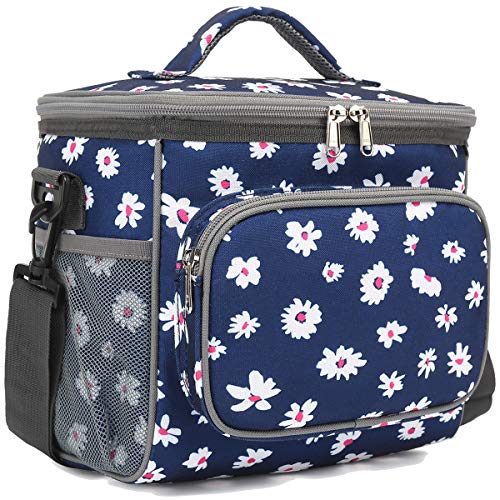 FlowFly Insulated Reusable Lunch Bag Adult Large Lunch Box for Women and Men with Adjustable Shoulder Strap,Front Zipper Pocket and Dual Large Mesh Side Pockets,Daisy - Image 1