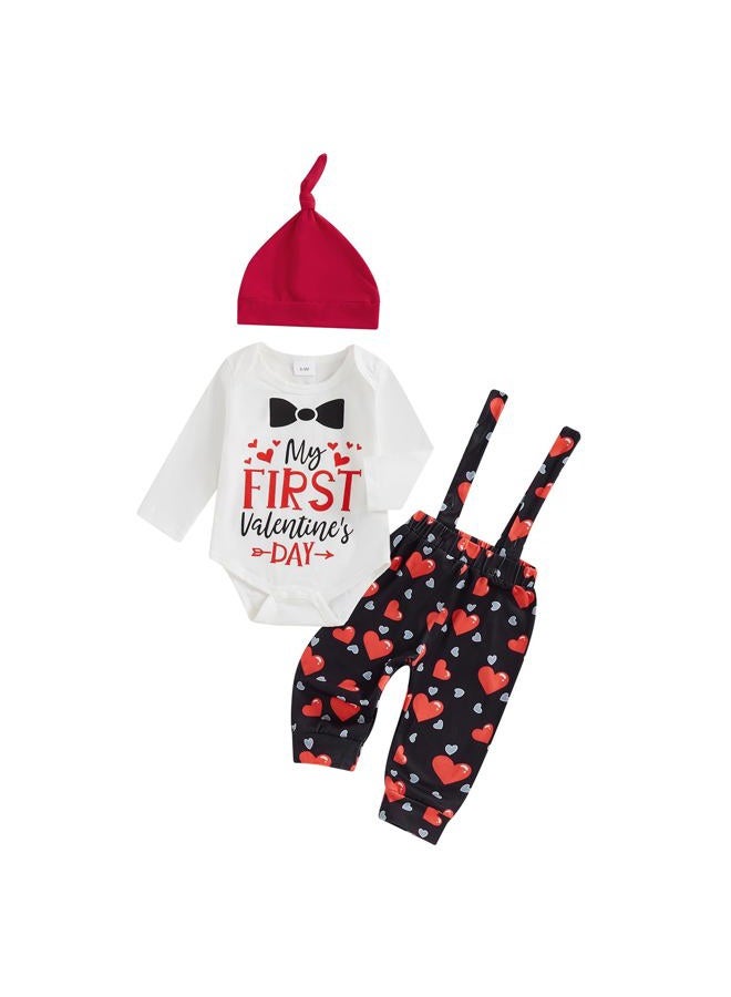 BeQeuewll Valentines Newborn Baby Boy 3Pcs Clothes Infant Long Sleeve Romper Cute Pattern Suspender Pants Overalls Outfits (First Valentine, 3-6 Months) - Image 1
