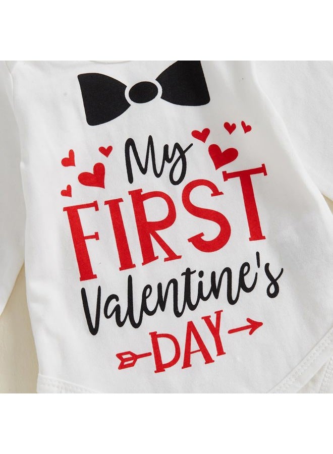 BeQeuewll Valentines Newborn Baby Boy 3Pcs Clothes Infant Long Sleeve Romper Cute Pattern Suspender Pants Overalls Outfits (First Valentine, 3-6 Months) - Image 5