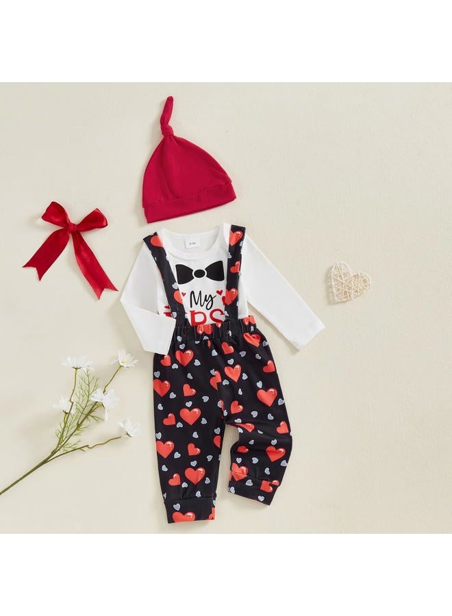 BeQeuewll Valentines Newborn Baby Boy 3Pcs Clothes Infant Long Sleeve Romper Cute Pattern Suspender Pants Overalls Outfits (First Valentine, 3-6 Months) - Image 2