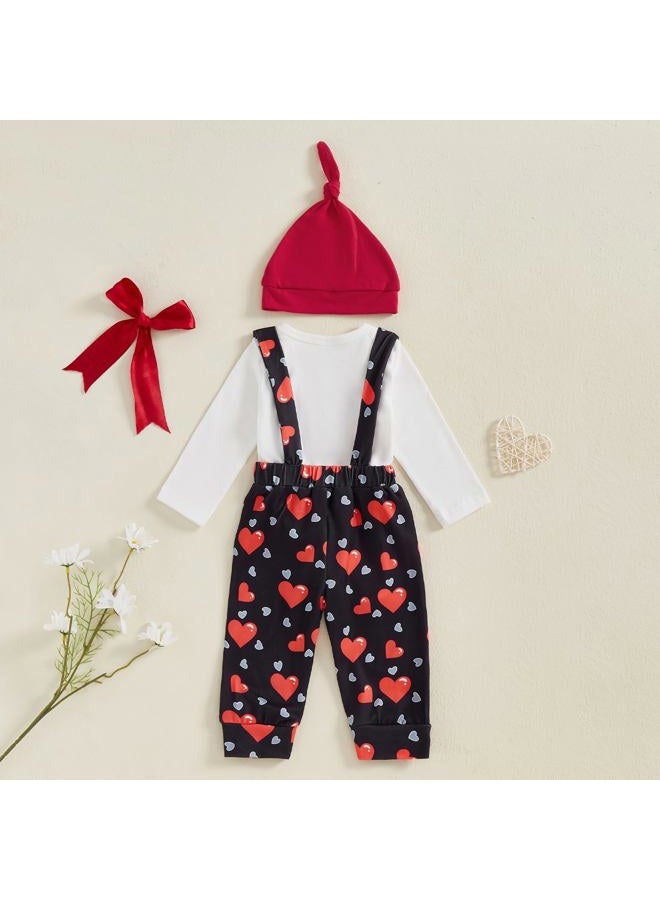 BeQeuewll Valentines Newborn Baby Boy 3Pcs Clothes Infant Long Sleeve Romper Cute Pattern Suspender Pants Overalls Outfits (First Valentine, 3-6 Months) - Image 3
