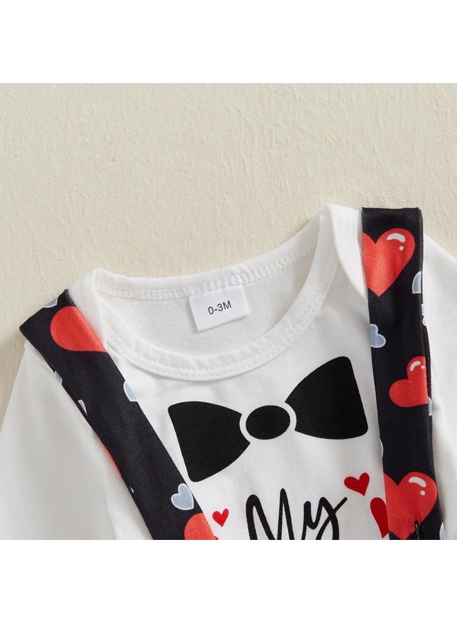 BeQeuewll Valentines Newborn Baby Boy 3Pcs Clothes Infant Long Sleeve Romper Cute Pattern Suspender Pants Overalls Outfits (First Valentine, 3-6 Months) - Image 4