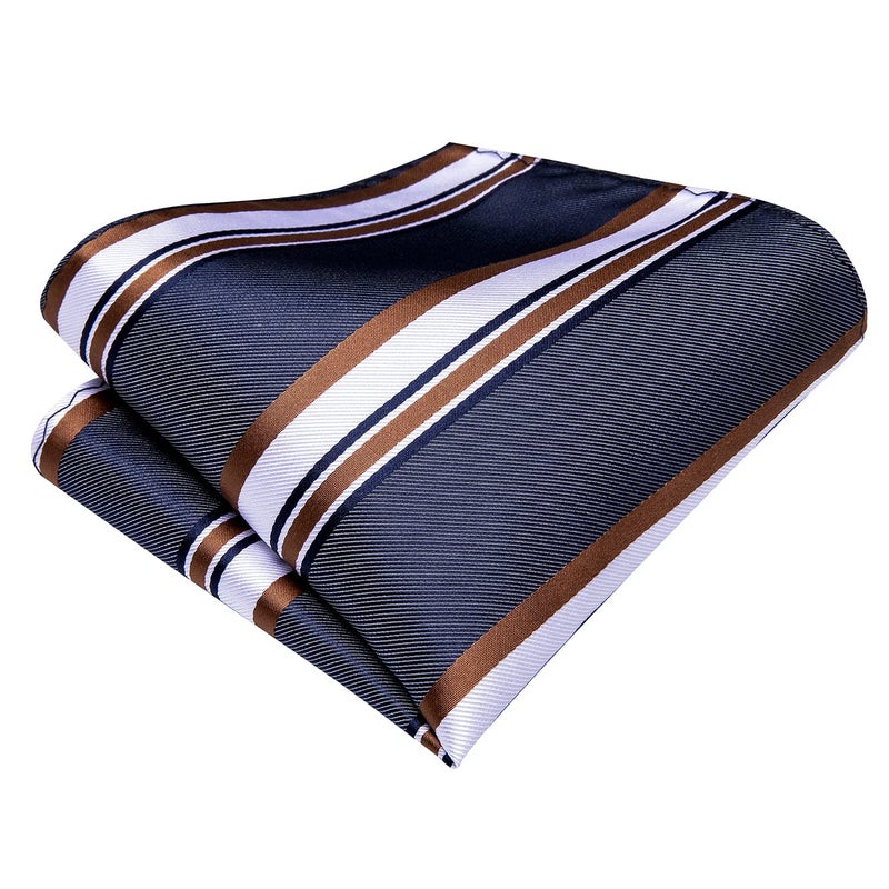 Dubulle Mens Paisley Striped Tie Silk Mens Necktie and PocketSquare Cufflinks Set Wedding Fomral Party,Brown Blue - Image 4