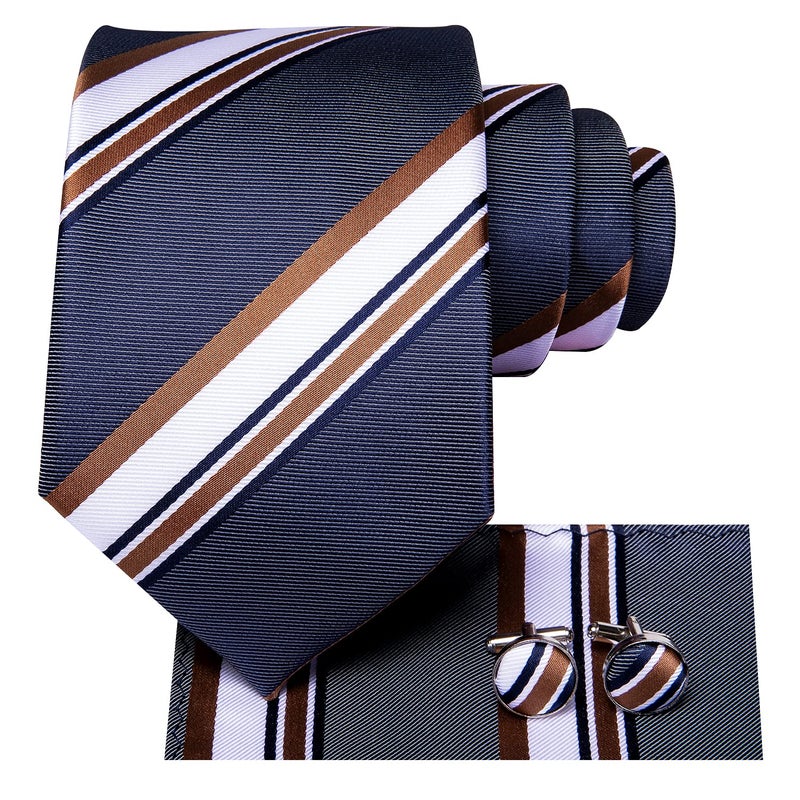 Dubulle Mens Paisley Striped Tie Silk Mens Necktie and PocketSquare Cufflinks Set Wedding Fomral Party,Brown Blue - Image 2