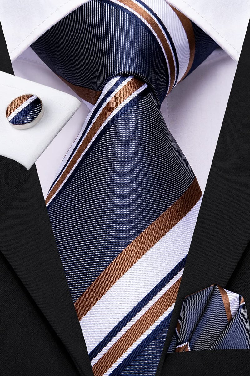 Dubulle Mens Paisley Striped Tie Silk Mens Necktie and PocketSquare Cufflinks Set Wedding Fomral Party,Brown Blue - Image 3