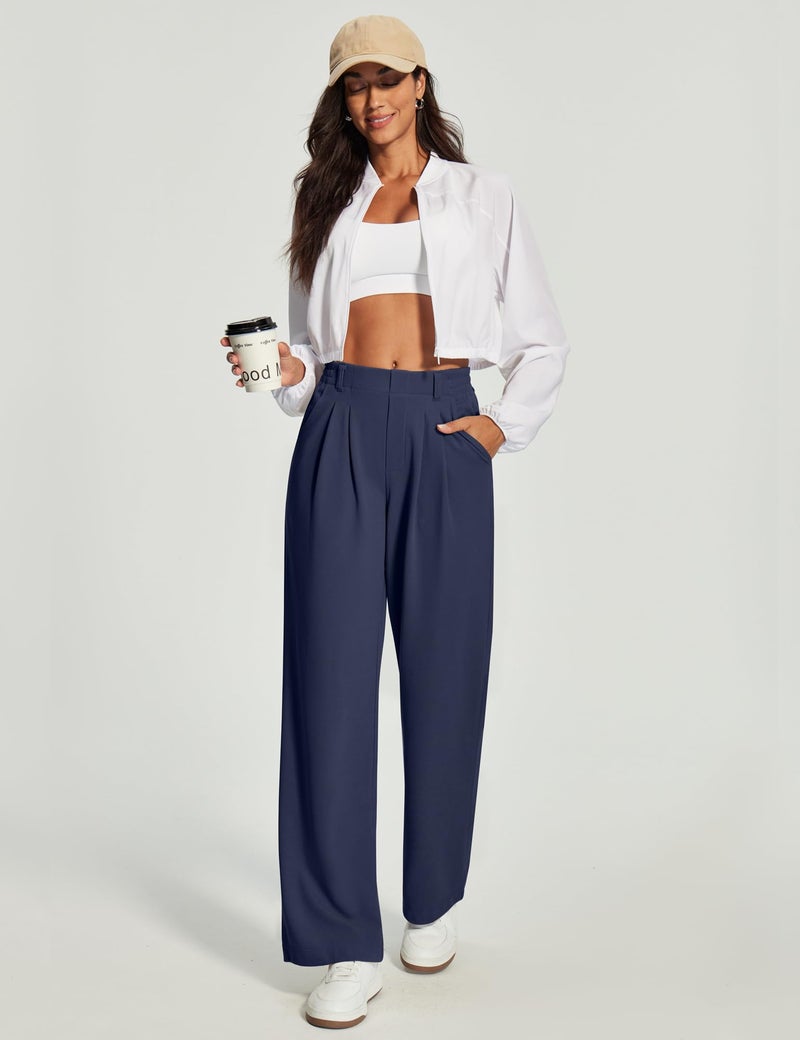 Heathyoga Wide Leg Stretchy Work Pants Women Pull on Dress Pants High Waisted Business Casual Trousers Slacks for Women Dark Blue - Image 2