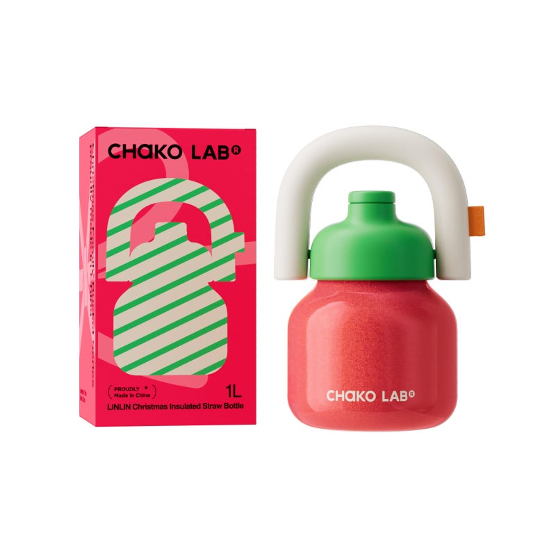 CHAKO LAB Christmas Water Bottle with Straw and Carry Handle | Wide Mouth vacuum insulated stainless steel Bottles | Reusable, leak-proof and BPA-free | 33oz(Green&Red) - Image 1