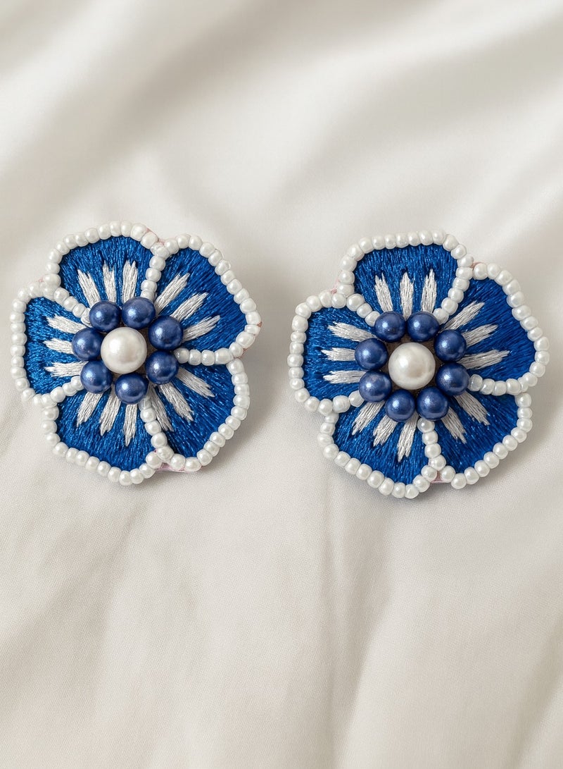 Ready For Chai Handmade Floral Embroidered Statement Earrings – Elegant Party & Ethnic Jewelry- Blue