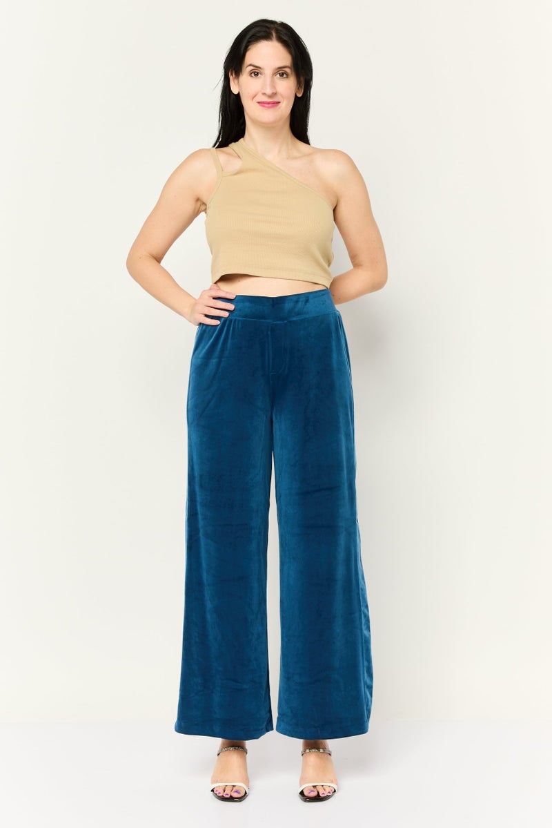 Cable & Gauge Women Regular Fit Solid Wide Leg Palazzo Pants, Teal Blue - Image 2