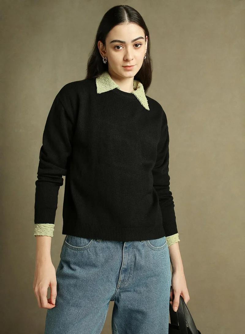 Women's Black 100% Acrylic Solid Regular Fit Sweater
