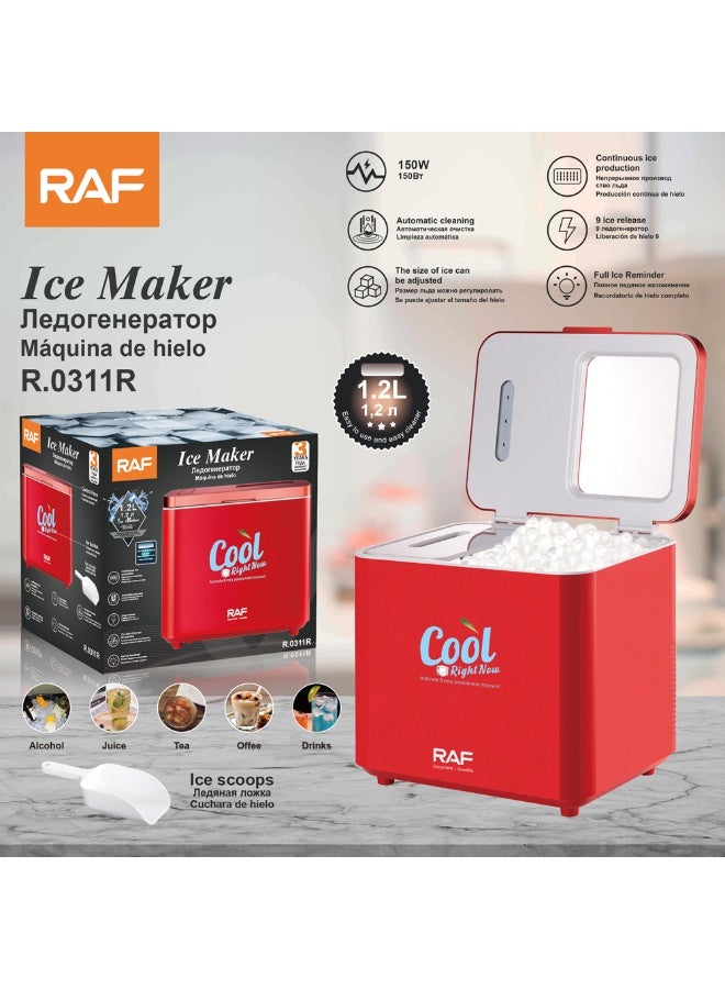 RAF R.0311R Automatic Ice Maker Machine 1.2L 150W with Adjustable Ice Size, Continuous Ice Production, Automatic Cleaning, Full Ice Reminder and Ice Scoop for Home Kitchen Office Drinks Red - Image 1