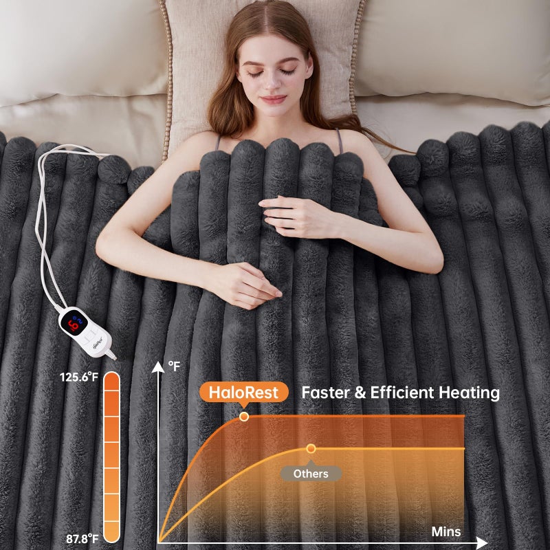 HaloRest Heated Throw Blanket, Faux Fur Cozy Heating Blanket with Overheat Protection, 1/2/4/6/8 Hours Auto-Off 10 Heat Level, Machine Washable (50x60 Inches, Darkgrey) - Image 4
