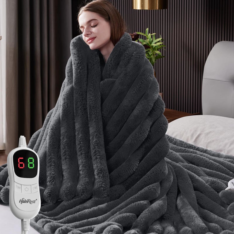 HaloRest Heated Throw Blanket, Faux Fur Cozy Heating Blanket with Overheat Protection, 1/2/4/6/8 Hours Auto-Off 10 Heat Level, Machine Washable (50x60 Inches, Darkgrey) - Image 1