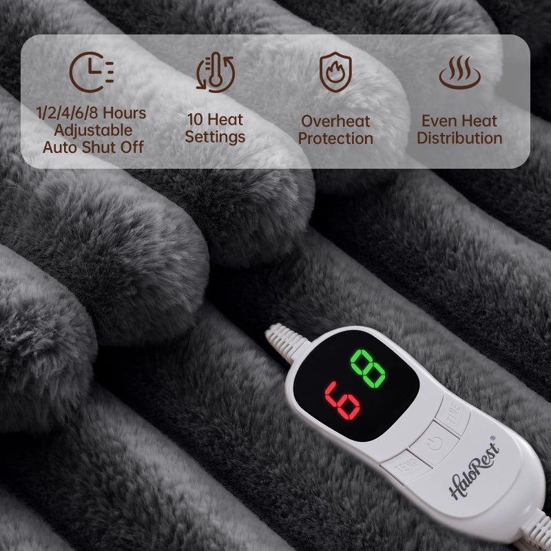 HaloRest Heated Throw Blanket, Faux Fur Cozy Heating Blanket with Overheat Protection, 1/2/4/6/8 Hours Auto-Off 10 Heat Level, Machine Washable (50x60 Inches, Darkgrey) - Image 3