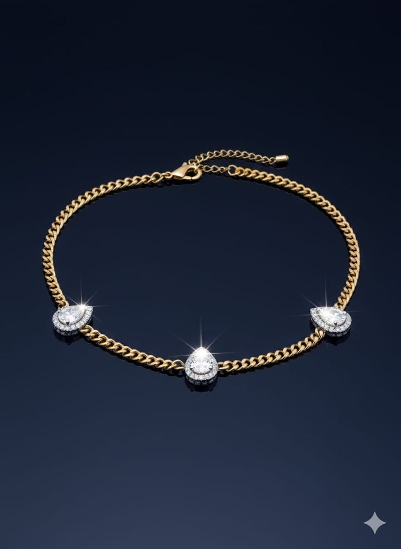 A wide, gold-plated chain necklace with three large pear-shaped teardrop pendants, sparkling with a shiny silver center - additional links for size adjustment. - Image 5