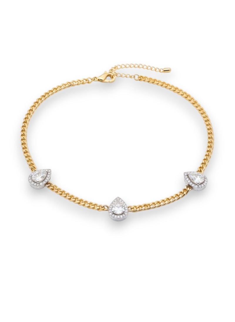 A wide, gold-plated chain necklace with three large pear-shaped teardrop pendants, sparkling with a shiny silver center - additional links for size adjustment. - Image 1