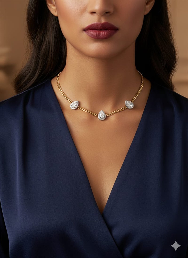 A wide, gold-plated chain necklace with three large pear-shaped teardrop pendants, sparkling with a shiny silver center - additional links for size adjustment. - Image 2