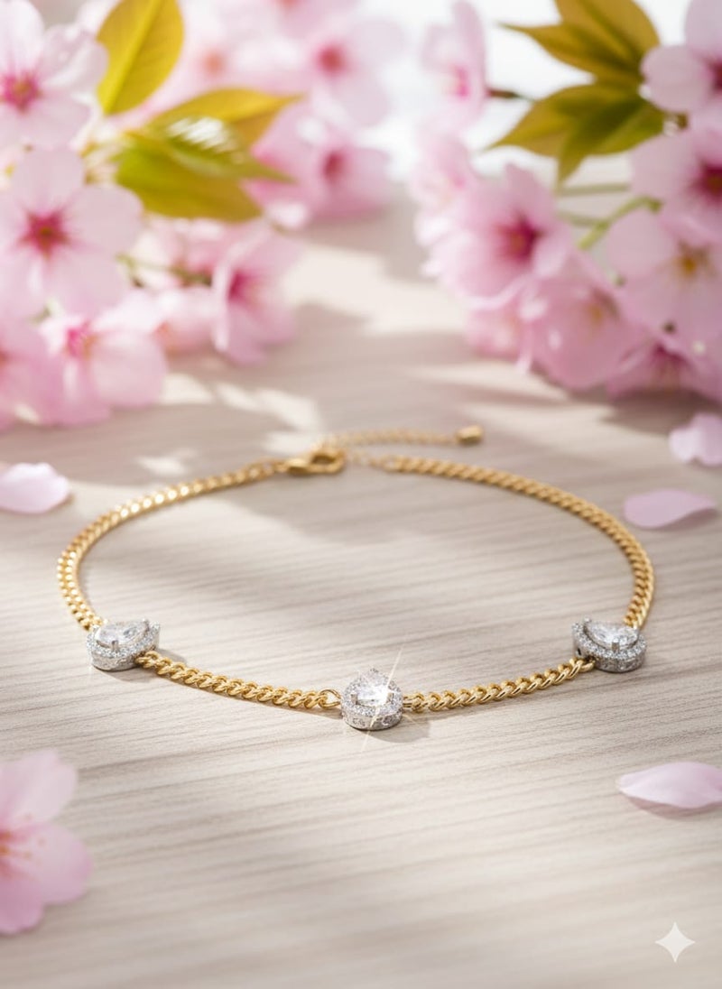 A wide, gold-plated chain necklace with three large pear-shaped teardrop pendants, sparkling with a shiny silver center - additional links for size adjustment. - Image 4