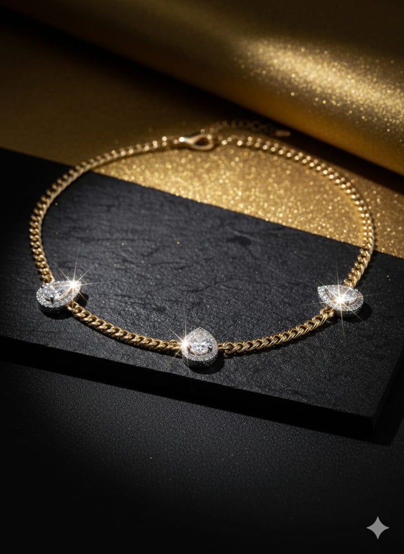 A wide, gold-plated chain necklace with three large pear-shaped teardrop pendants, sparkling with a shiny silver center - additional links for size adjustment. - Image 3