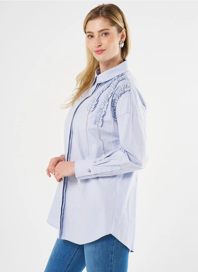Kayra Ruffled Poplin Tunic Blue