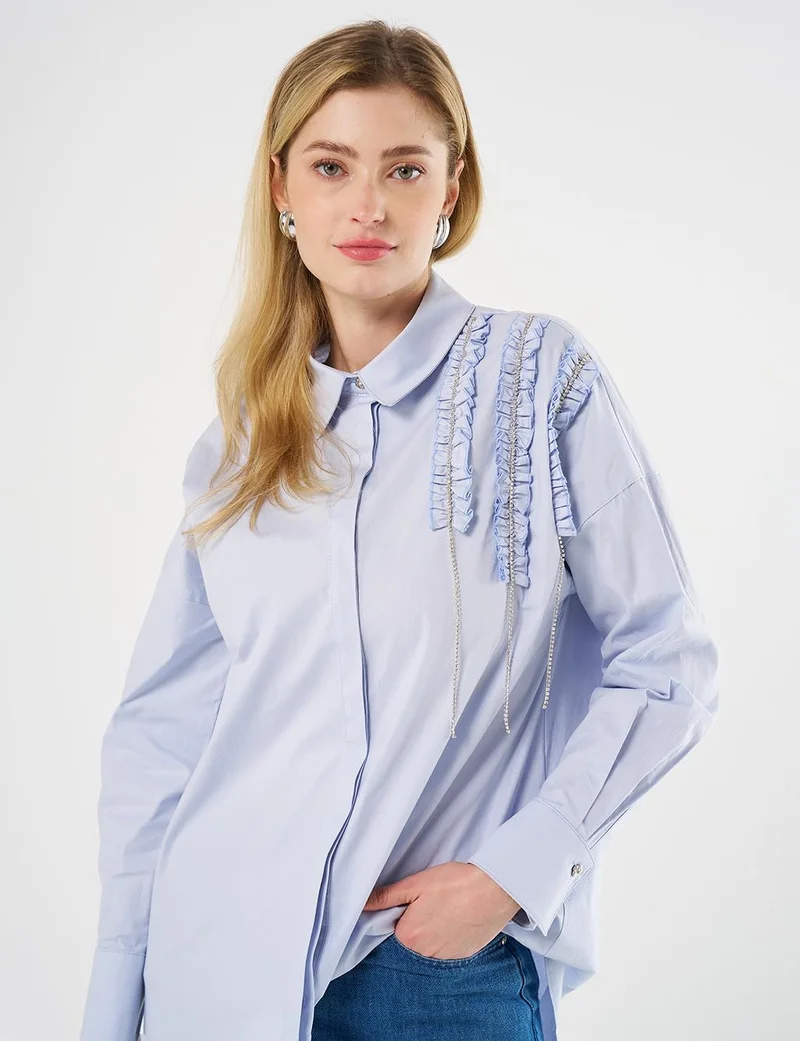 Kayra Ruffled Poplin Tunic Blue