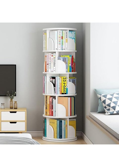 Rotating Bookshelf, 5 Tier Floor Standing Open Bookcase, Multipurpose Household 360° Rotation Storage Rack, for Home Bedroom Living Room Office Corner Books Holder (White)