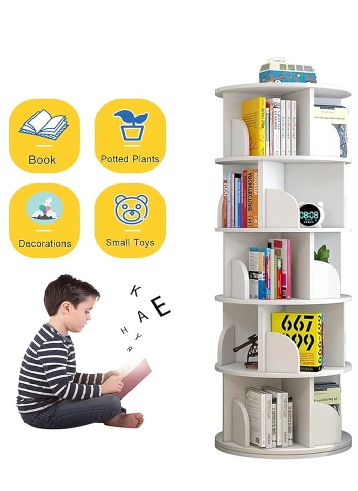 Rotating Bookshelf, 5 Tier Floor Standing Open Bookcase, Multipurpose Household 360° Rotation Storage Rack, for Home Bedroom Living Room Office Corner Books Holder (White)