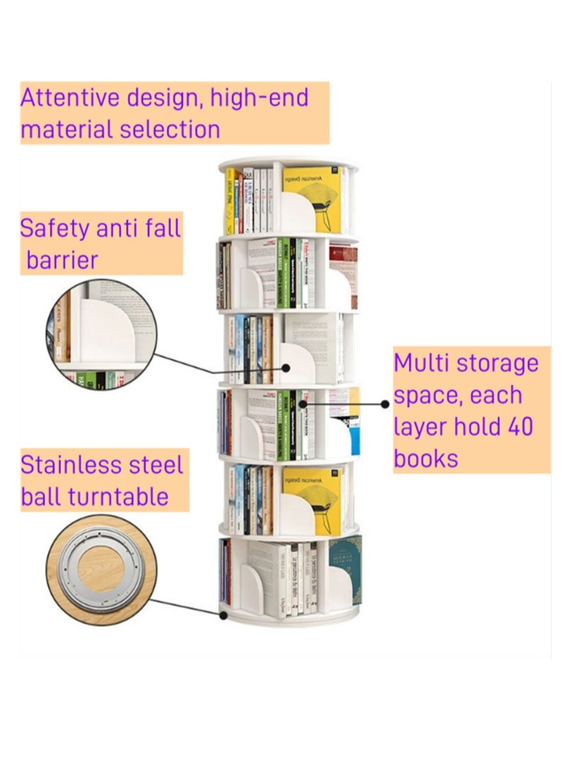 Rotating Bookshelf, 5 Tier Floor Standing Open Bookcase, Multipurpose Household 360° Rotation Storage Rack, for Home Bedroom Living Room Office Corner Books Holder (White)