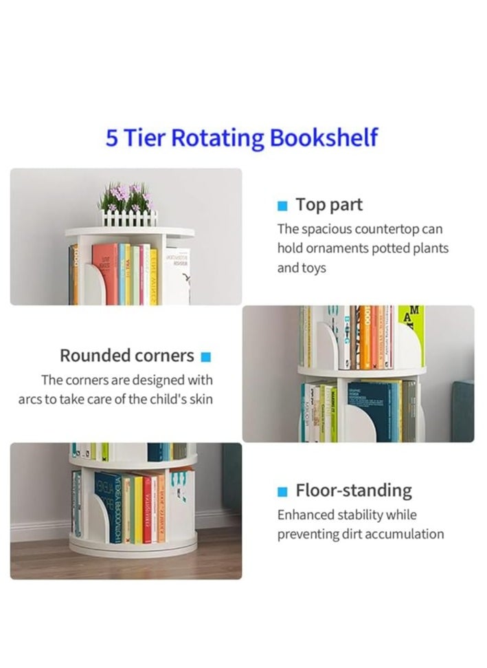 Rotating Bookshelf, 5 Tier Floor Standing Open Bookcase, Multipurpose Household 360° Rotation Storage Rack, for Home Bedroom Living Room Office Corner Books Holder (White)