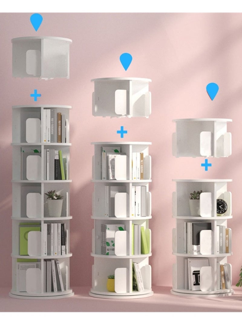 Rotating Bookshelf, 5 Tier Floor Standing Open Bookcase, Multipurpose Household 360° Rotation Storage Rack, for Home Bedroom Living Room Office Corner Books Holder (White)