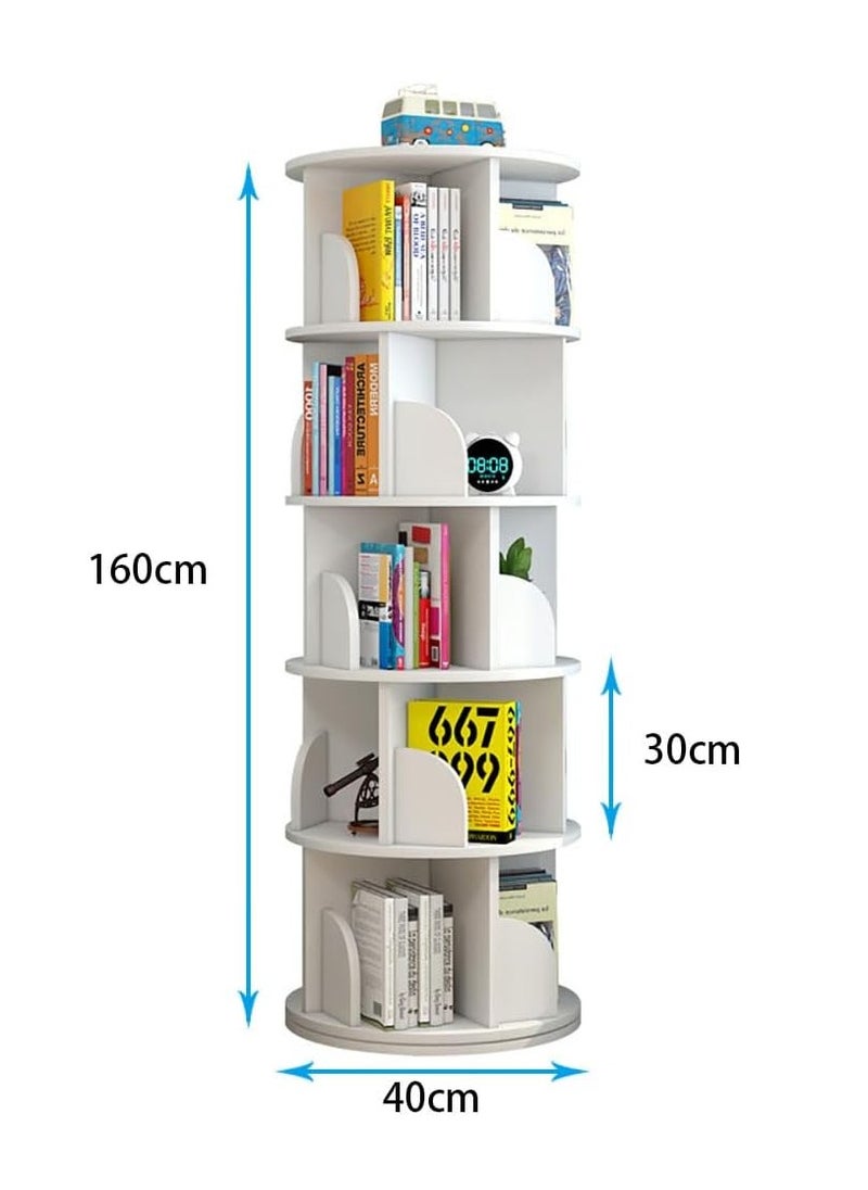 Rotating Bookshelf, 5 Tier Floor Standing Open Bookcase, Multipurpose Household 360° Rotation Storage Rack, for Home Bedroom Living Room Office Corner Books Holder (White)