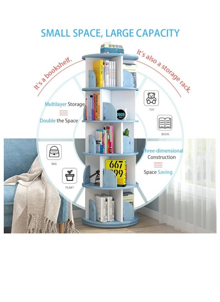 Rotating Bookshelf, 5 Tier Floor Standing Open Bookcase, Multipurpose Household 360° Rotation Storage Rack, for Home Bedroom Living Room Office Corner Books Holder (White)