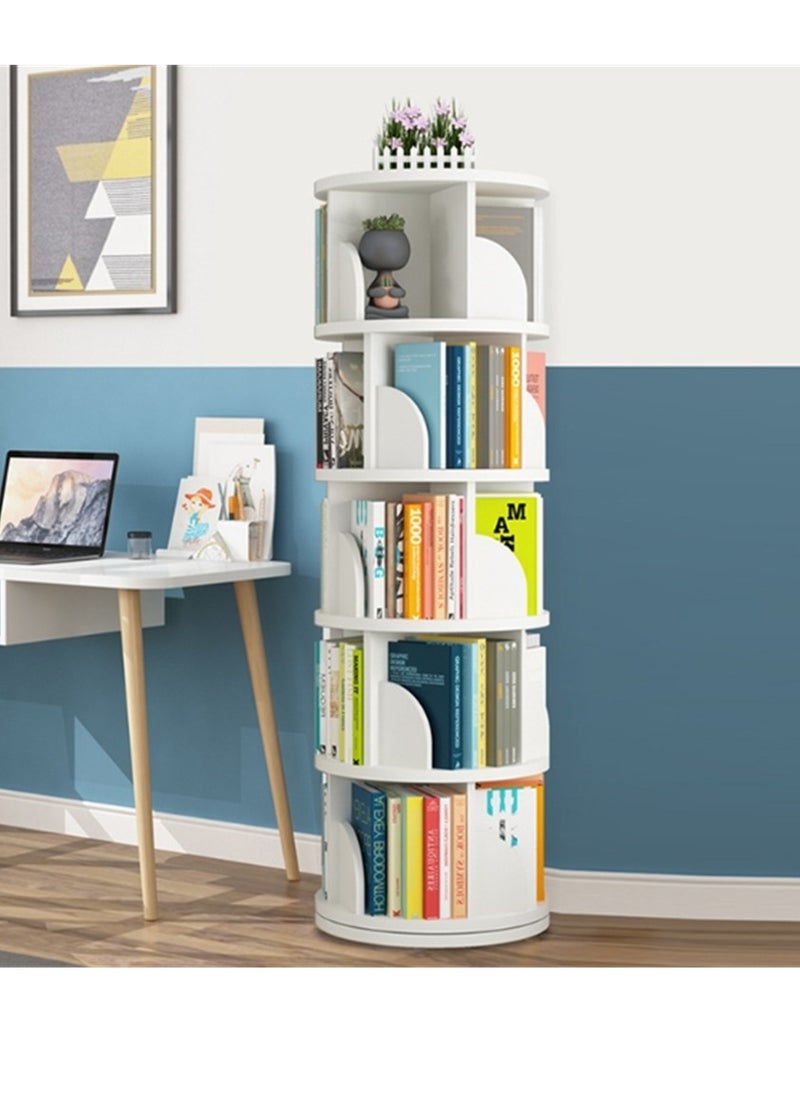 Rotating Bookshelf, 5 Tier Floor Standing Open Bookcase, Multipurpose Household 360° Rotation Storage Rack, for Home Bedroom Living Room Office Corner Books Holder (White)