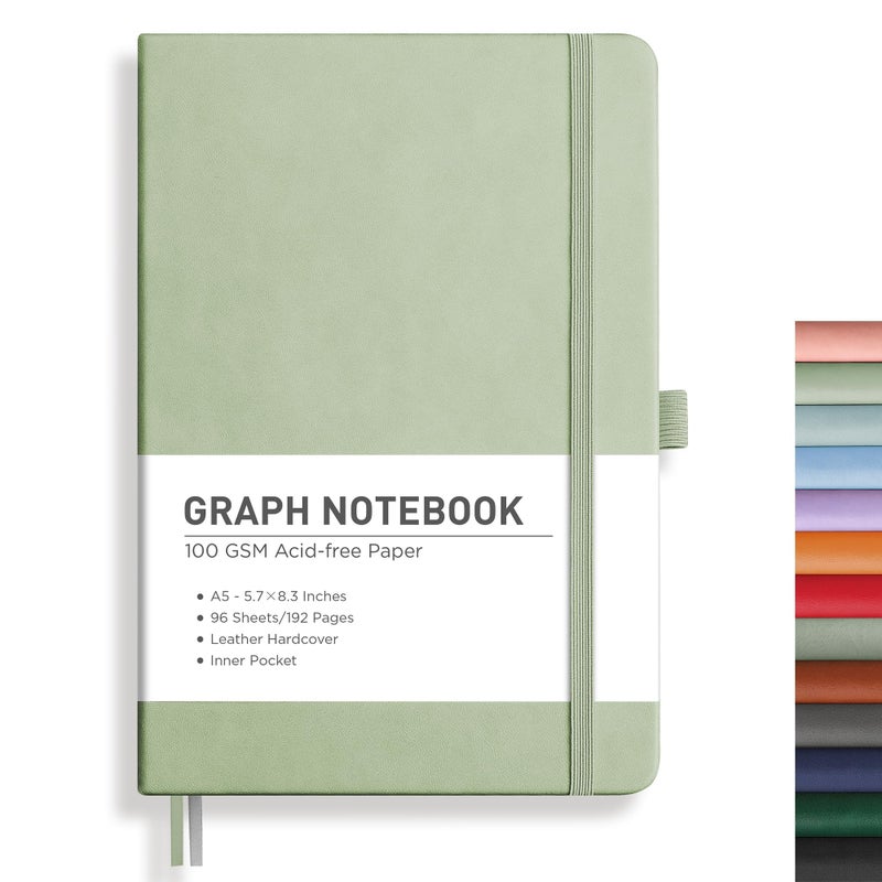 Rettacy Graph Grid Paper Notebook  192 Pages  A5 Medium Size (5.7'' X 8.3'')  5 Squares Per Inch  Leather Hardcover  100 Gsm Thick Paper  For School  Students  Math  Engineering (Light Green) - Image 1