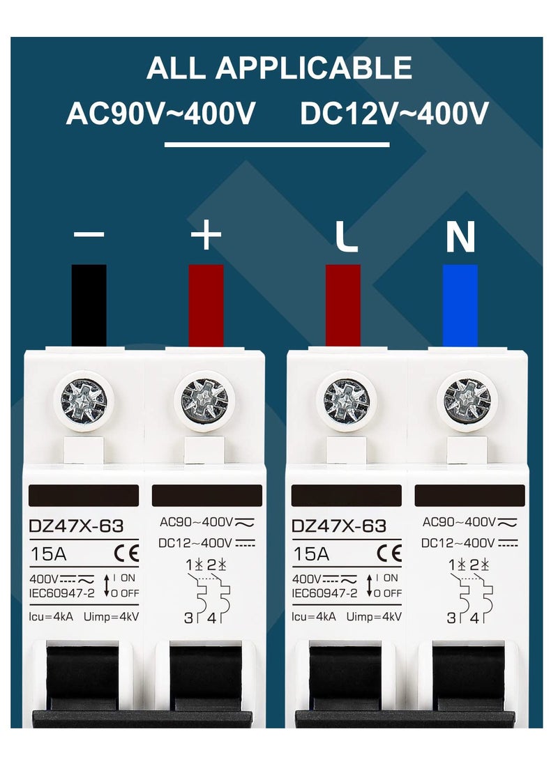 Generic - 15 Amp Miniature Circuit Breaker for DC Solar Systems, 12-400V, DIN Rail Mount, Universal AC/DC Disconnect Switch - Image 1
