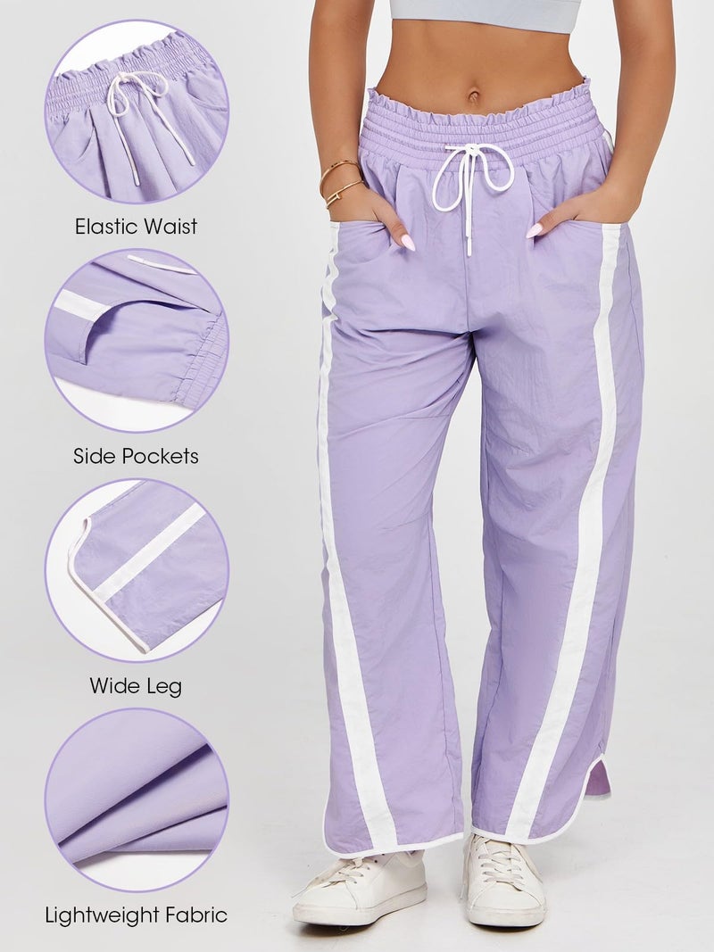 Fisoew Women's Baggy Wide Leg Pants Casual Drawstring Elastic Waisted Contrast Color Workout Y2K Track Pants Purple - Image 3