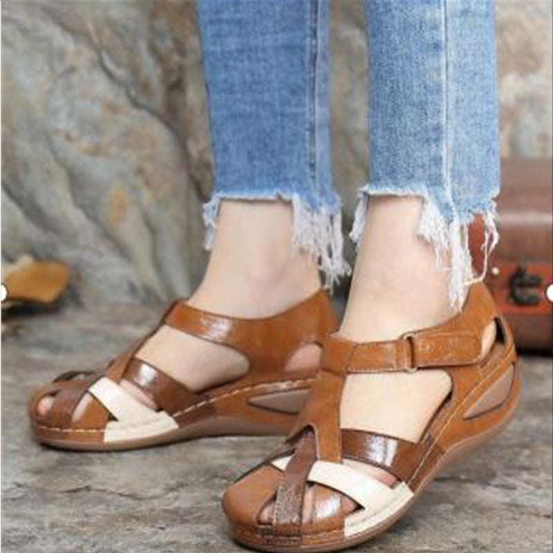 Foreign trade large size 2023 summer new European and American retro round toe wedge ladies Roman shoes cross buckle female sandals Red wine 36 - Image 2